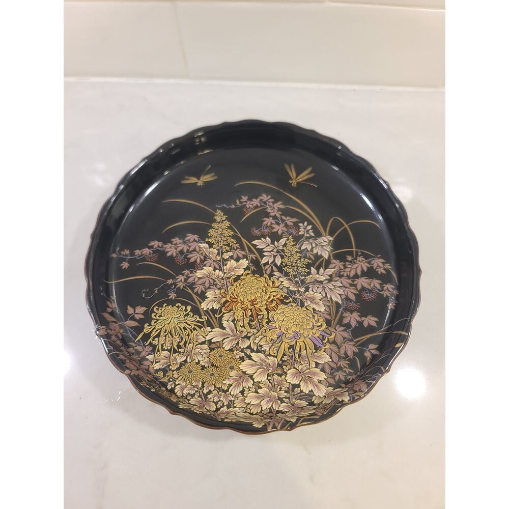 Tenmoku-Kiku Dish Shibata Scalloped Edges Dragonflies Black Porcelain Vintage